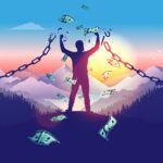 Silhouette of a person breaking free from chains with money flying, symbolizing financial freedom and debt relief through bankruptcy.