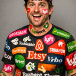A gig economy worker covered in logos like Uber, DoorDash, and Etsy, representing the multiple roles of an independent contractor.