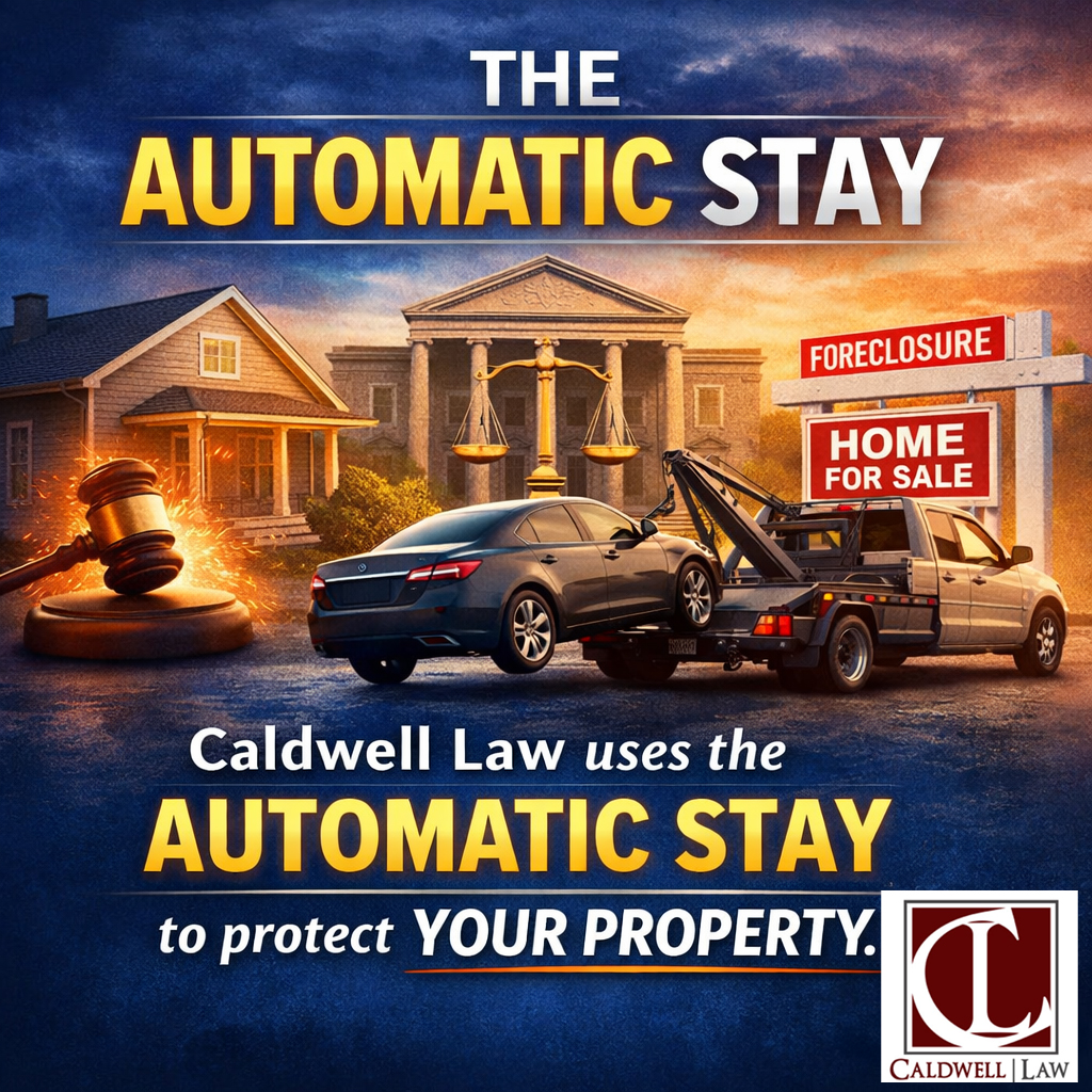 Caldwell Law graphic showing the automatic stay stopping foreclosure and vehicle repossession