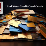 Pile of credit cards symbolizing overwhelming credit card debt and the financial crisis, with Caldwell Law logo promoting bankruptcy relief solutions.