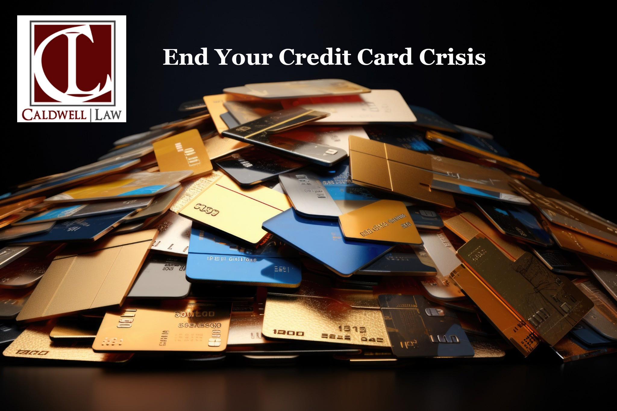 Pile of credit cards symbolizing overwhelming credit card debt and the financial crisis, with Caldwell Law logo promoting bankruptcy relief solutions.