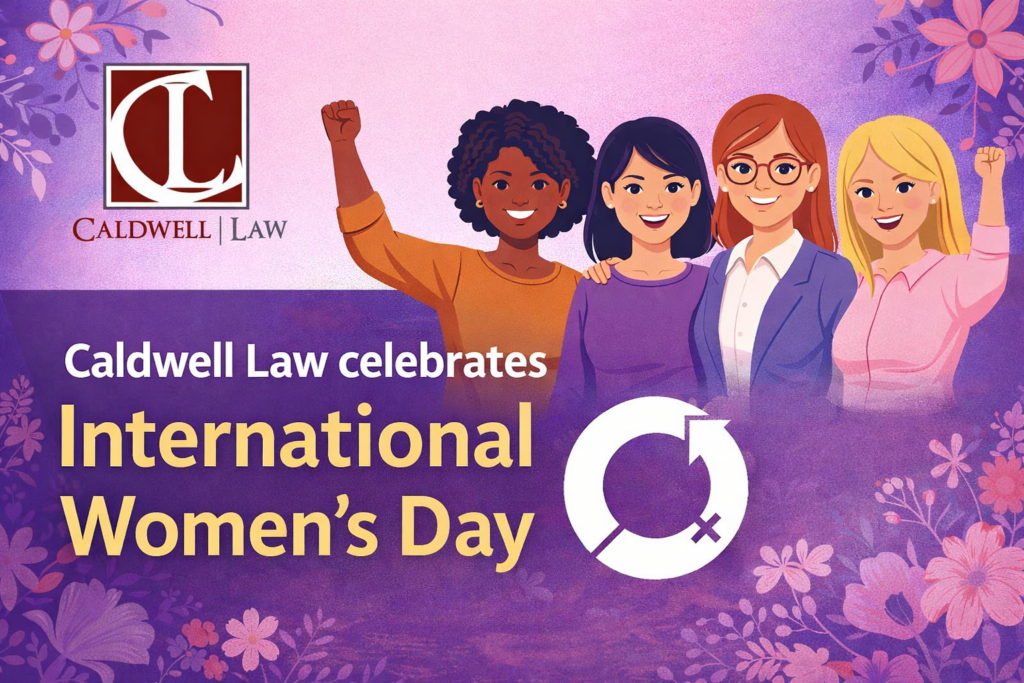 Illustration celebrating International Women’s Day with diverse women and Caldwell Law logo recognizing women’s achievements and contributions.